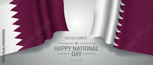 Qatar happy national day greeting card, banner with template text vector illustration. Qatari memorial holiday 18th of December design element with 3D flag with stripes