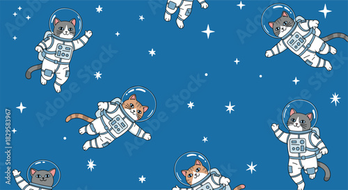 Seamless cosmic pattern with cute cartoon cats in astronaut suits floating among the stars for a fun space adventure design.