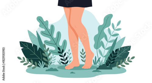Woman's bare feet and legs standing among lush green tropical foliage connecting with nature in a serene and calming concept.