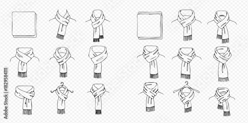 Hand-drawn illustration set demonstrating various ways to tie and wear a scarf, showcasing different knotting and styling techniques.