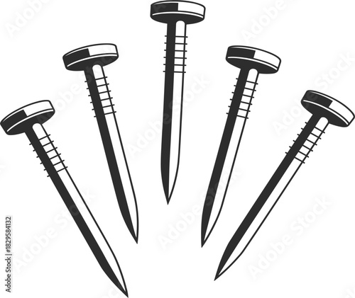 Construction Nails Vector Illustration Set, Hardware Tool Graphic, Simple Woodworking Supplies Icon, Building Repair and Carpentry Element Design