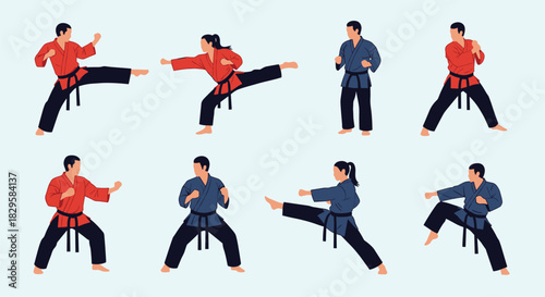 Collection of martial artists in different karate and taekwondo fighting stances showing various kicks punches and blocks.