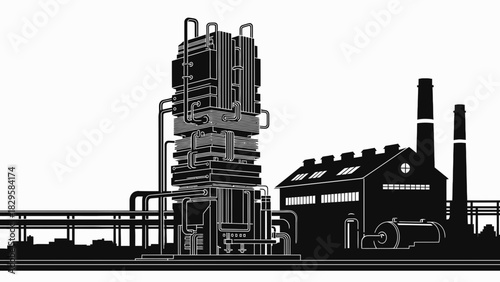 Black and white silhouette of a complex chemical or industrial processing plant