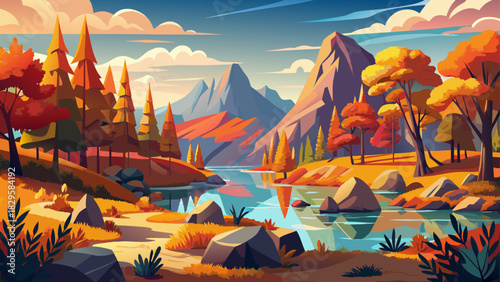 Very beautiful colorful autumn landscape showing forested hills, golden foliage, and a striking rock formation reflecting warm seasonal tones, creating a tranquil and vibrant outdoor nature scene.