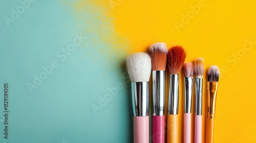 Makeup brushes arranged on colorful background