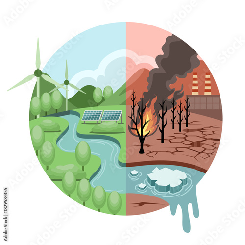 Climate change, climate crisis illustration. for global warming concept. one side shows a healthy, green environment while the other is a polluted, brown landscape.