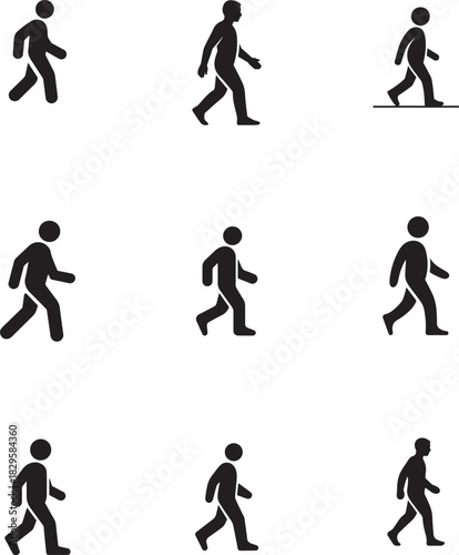 Set of nine black silhouette icons depicting a person walking isolated