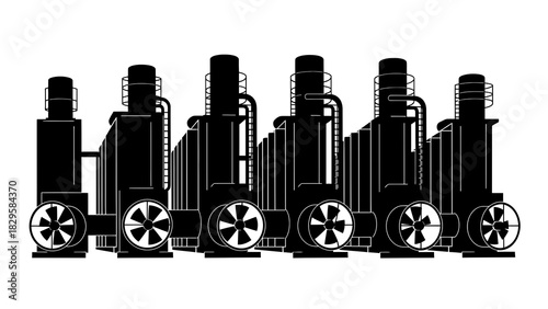 Black and white illustration of multiple industrial power generation units