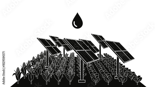 Agrivoltaics system showing solar panels above crops with water drop icon