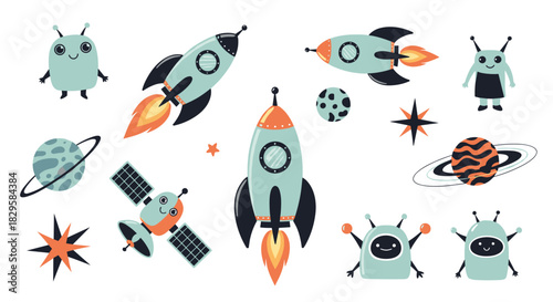 Cute outer space collection with cartoon rockets friendly aliens planets and stars for a fun kids science-themed design set.