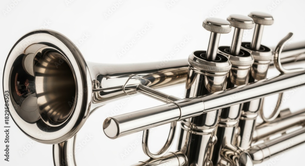 Obraz premium Close-up shot of a shiny silver brass trumpet with a detailed view of the valves and bell