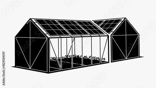 Illustration of a modern greenhouse structure with solar panels on roof