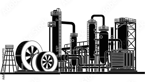 Black and white illustration of a complex industrial processing plant