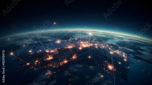 Network of satellites hovering above Earth at night