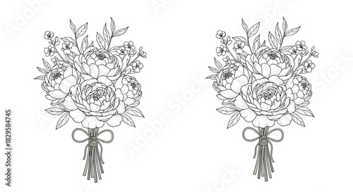 Elegant hand-drawn bouquets of peony flowers and leaves tied with a rope in a detailed black and white line art style.