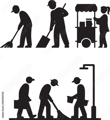 Silhouette icons depicting street cleaning worker and vendor activity isolated on white background