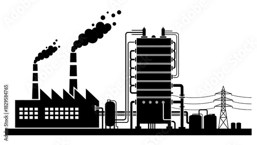 Silhouette illustration of a factory with smokestacks and industrial equipment