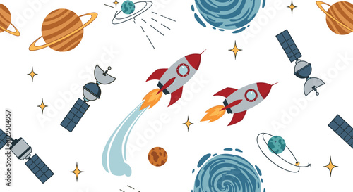 Seamless outer space pattern with cartoon rockets satellites and planets on a white background for a fun kids science design.