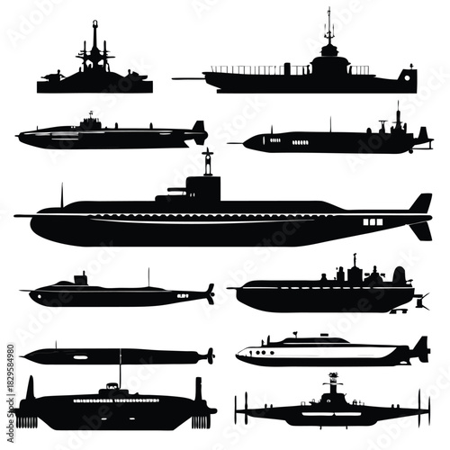Multiple submarine silhouettes show different ship designs against a solid background, perfect for technical diagrams