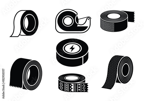 Assortment of black and white tape rolls including masking, duct, and decorative designs
