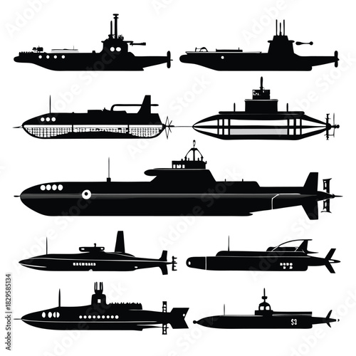 Several black silhouettes of diverse submarine styles are shown on a white background in the image