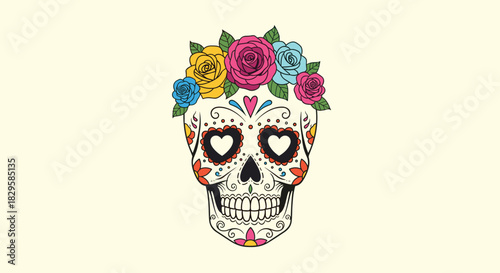 Colorful sugar skull decorated with a beautiful rose flower crown and heart-shaped eyes for dia de los muertos celebration.