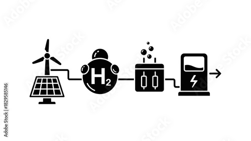 Diagram illustrating green hydrogen production and fueling process