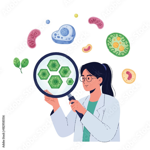 Scientist examines cells and microorganisms under a magnifying glass