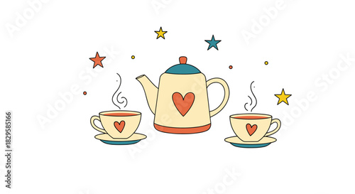 A whimsical hand-drawn illustration of a teapot and two steaming cups with hearts perfect for a cozy afternoon tea for two.