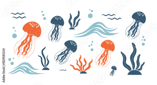A beautiful collection of stylized marine elements including orange and blue jellyfish seaweed and waves in a textured art style.