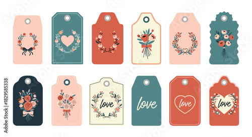 A lovely collection of vintage-style gift tags with floral wreaths hearts and the word love for romantic occasions or presents.