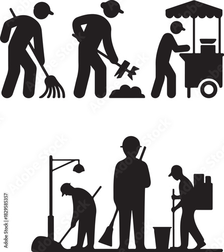Silhouettes of sanitation worker and street vendor icons isolated on white background