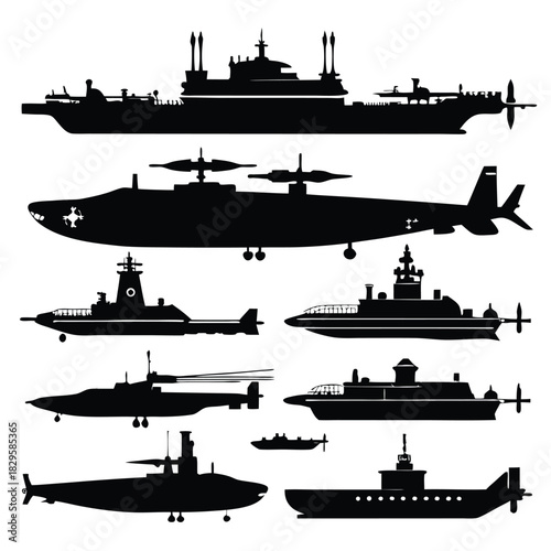Collection of silhouetted naval vessels showcases warships, submarines, and other vessels in striking contrast