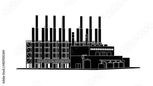 Black and white silhouette illustration of a large industrial factory building