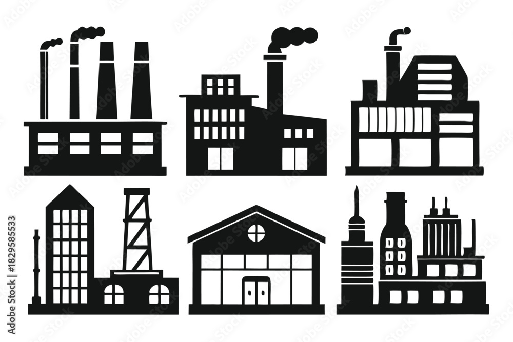 Fototapeta premium Six iconic monochrome factory and industry silhouettes collectively showcase various architectural and engineering styles