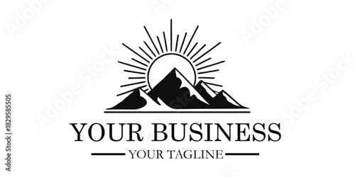 Minimalist black and white mountain peaks and rising sun logo template, perfect for nature-inspired businesses, adventure brands, or corporate identity symbolizing growth and aspiration