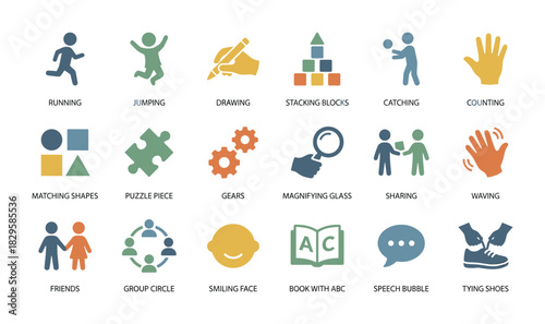 Children's activities and objects icon set, running, jumping, drawing, stacking blocks, catching, counting, matching shapes, puzzle piece