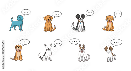 A cute collection of eight different cartoon dog breeds sitting with blank speech bubbles ready for custom text or dialogue.