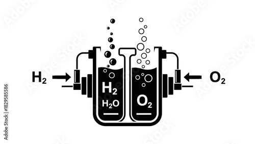 Illustration of water electrolysis producing hydrogen and oxygen gas