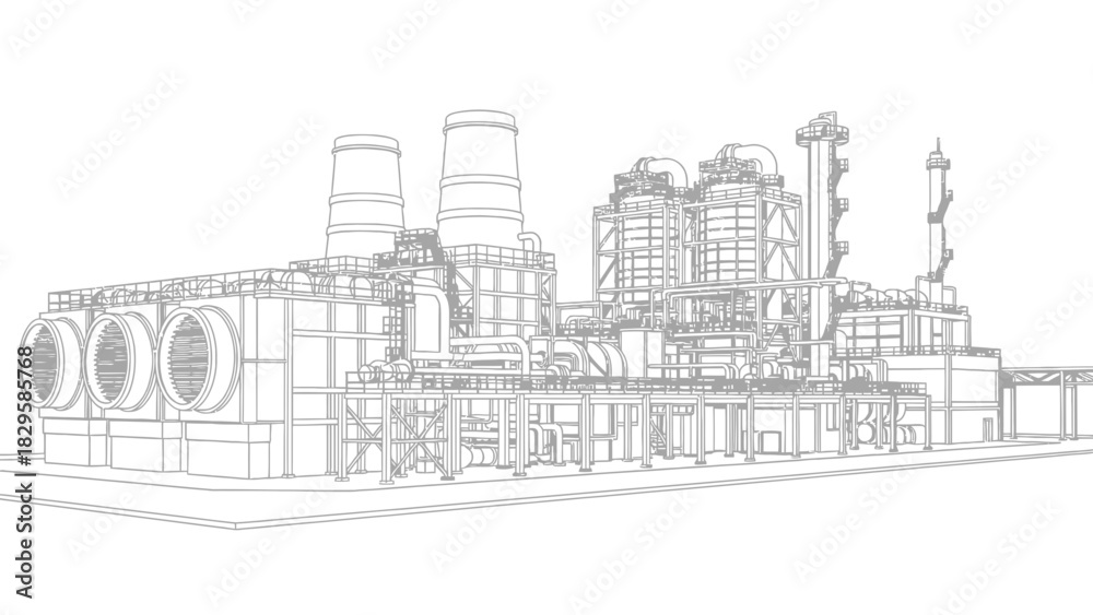 Fototapeta premium Wireframe drawing of a large industrial power generation facility
