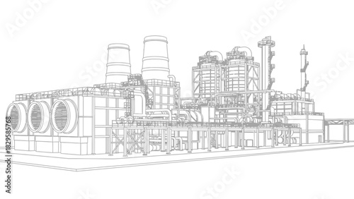 Wireframe drawing of a large industrial power generation facility