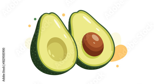 A fresh and healthy avocado cut in half with the seed visible in a simple and cute illustration on a white background.