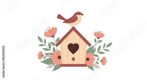 A sweet little bird perched atop a charming wooden birdhouse decorated with a heart and surrounded by lovely pink flowers.