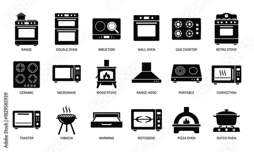 Set of black and white cooking appliances icons including range double oven induction wall oven gas cooktop and ceramic hob