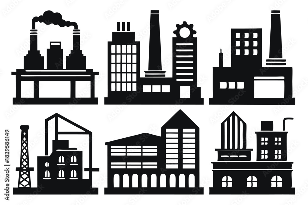 Fototapeta premium Black silhouettes represent various urban industrial buildings and structures isolated against a plain white background