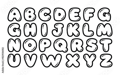 Cute funny bubble english alphabet with contour letters collection upper case a to z typography design kids learning