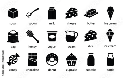 Set of black and white dairy and sweet food icons including sugar spoon milk cheese butter and ice cream