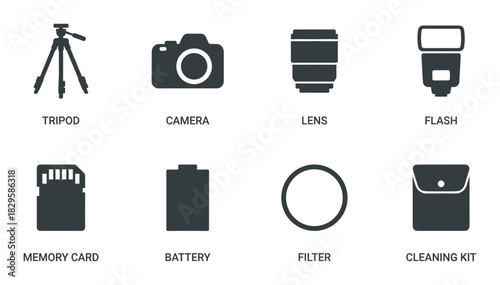 Set of flat dark gray camera equipment icons on a white background