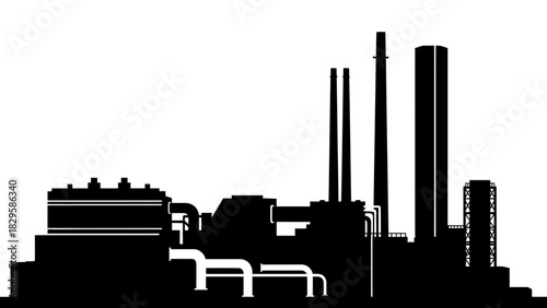 Silhouette of a large industrial factory complex with tall smokestacks