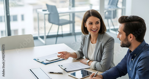 Two happy business professionals having a discussion at office desk
